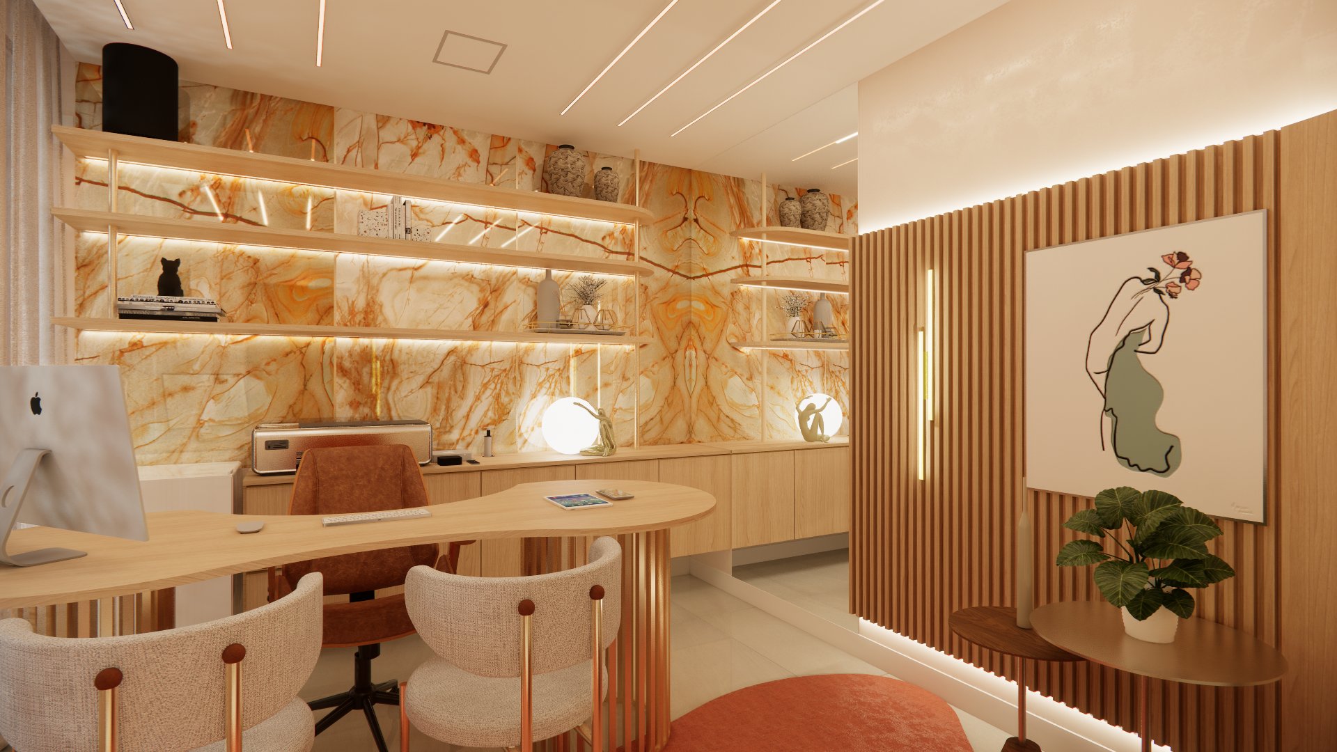 Clínica assinada pela PHC Arquitetura com parede de onyx